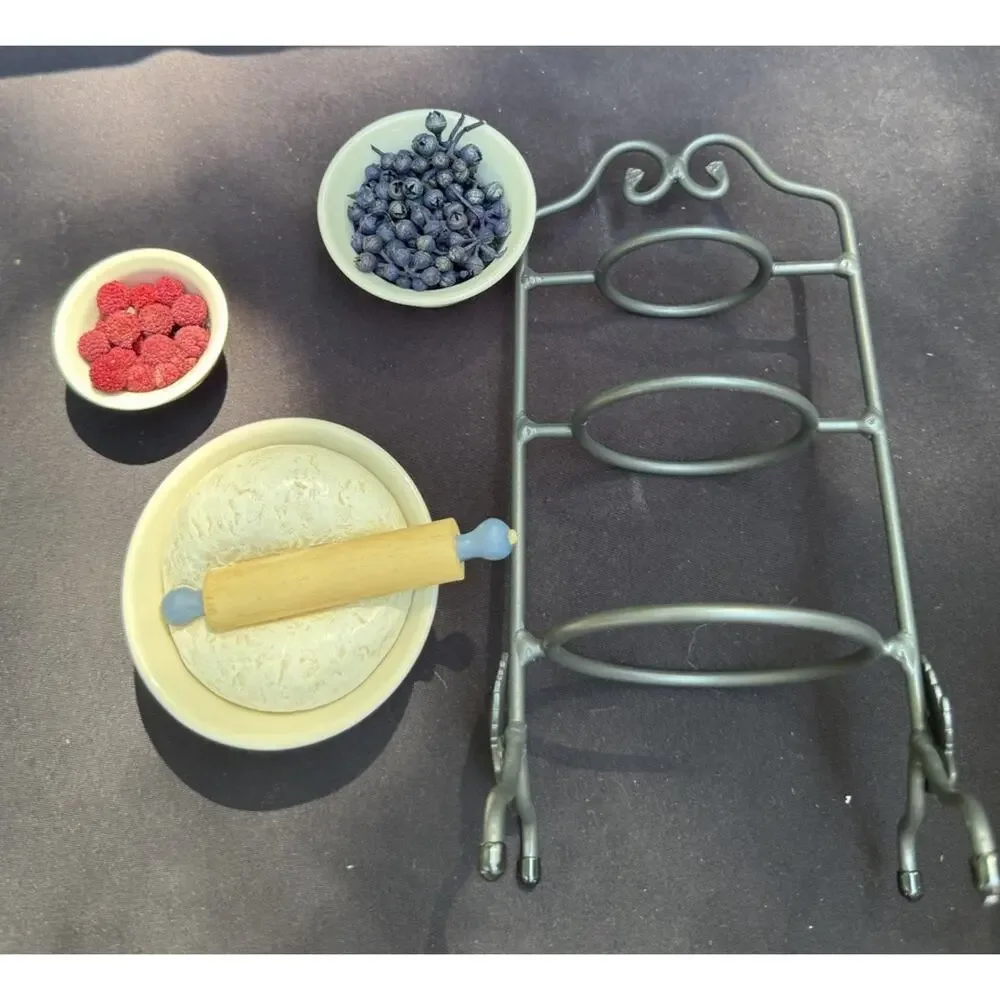 Longaberger Pottery Miniature Mixing Bowls Berries Dough Wrought Iron Stand Mint
